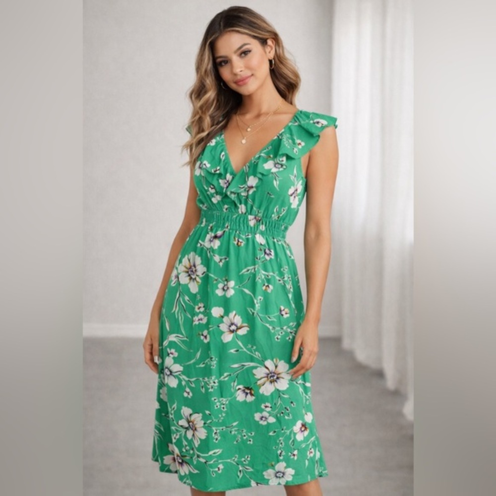 Maurices Floral Midi Dress Green Ruffle V-Neck Size M